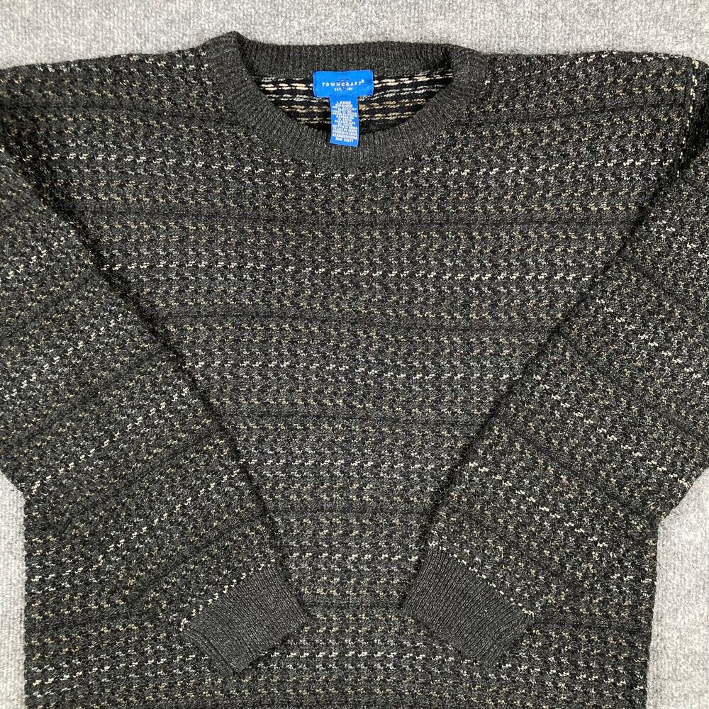 Towncraft Sweater Mens L Black Textured Knit Crewneck‎ Casual Vintage